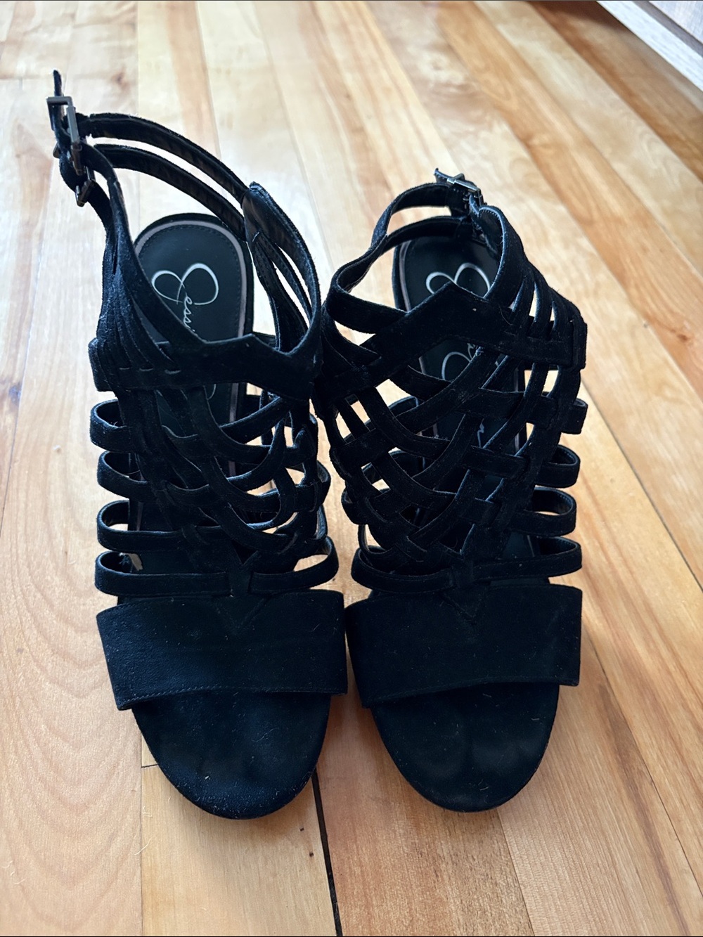 Jessica Simpson Black Strappy Suede Cage Heels - Size 8